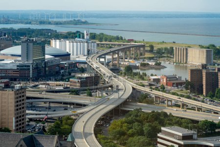 An aerial view of the Lake Erie and the elevated highway in Buffalo, New York.