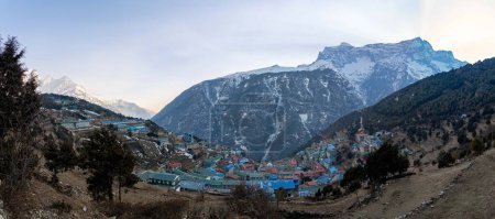 Photo for A High Angle View of Namche Bazaar in the valley with mountains all around. - Royalty Free Image