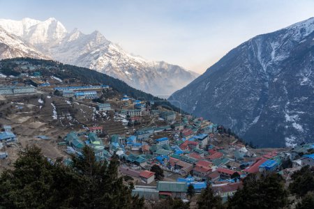Photo for A High Angle View of Namche Bazaar in the valley with mountains all around. - Royalty Free Image
