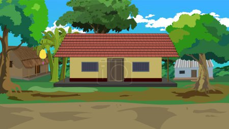 Indian style house for cartoon animation. Village house made of mud. tiles roof top.