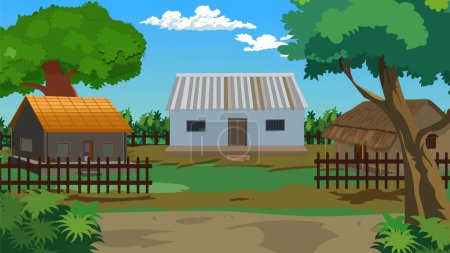 Asian village house yard. illustration for cartoon animation