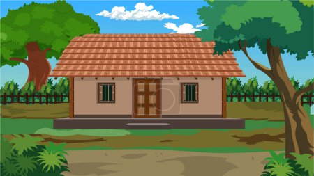 Indian Village hut design for cartoon animation. Asian village house road