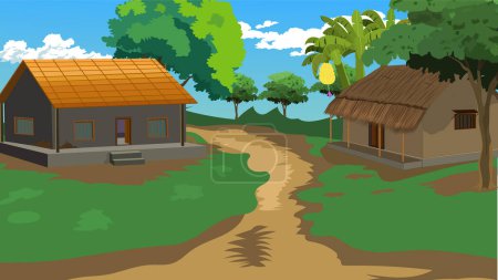 Indian village road with hut, trees roadside. cloudy blue sky in the background. Village landscape for cartoon animation