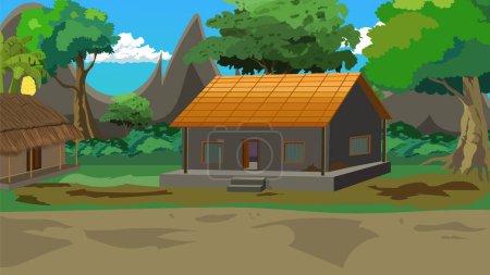 Indian  village house landscape illustration for cartoon animation
