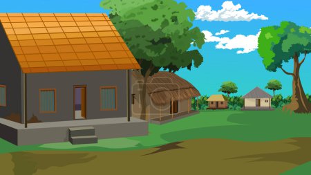 Asian village road with huts and cottages. vector background illustration for cartoon animation