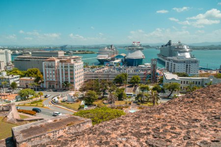 View from Castillo San Cristobal fort, castle in Old San Juan in Puerto Rico to the cruising terminal for cruise ships - Caribbean