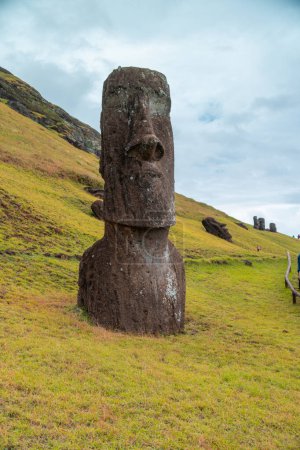 Moai factory on Easter Island or Rapa Nui: the place where they carved the Moai sculptures. Very green.