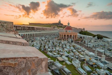 Cemetery near Castillo San Felipe del Morro in Old San Juan, Puerto Rico. High quality photo during sunset