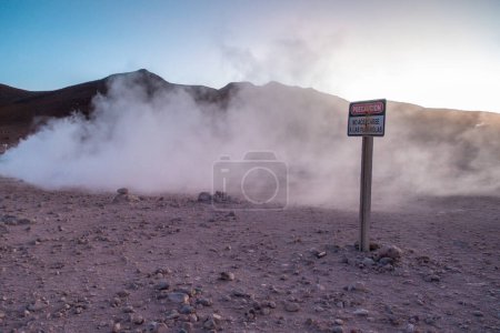 Steaming geysers Sol de Manana in Bolivia near Uyuni and Laguna Colorado - Sunset, near Hito Cajon. High quality photo