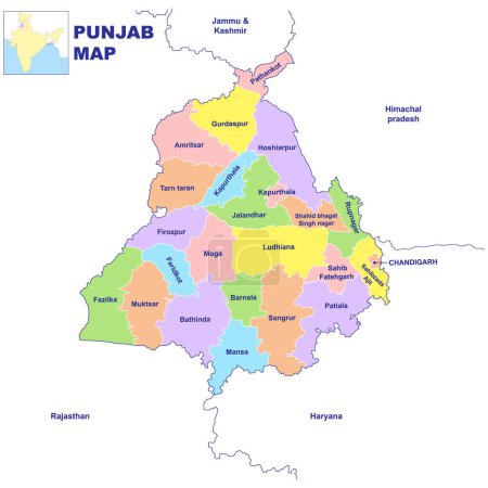 Mapa nacional de Punjab mapa vector ilustración sobre fondo blanco