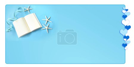 open book and starfish on blue background. heart frame