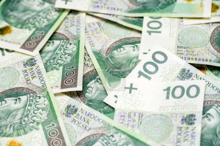 Eine detaillierte Ansicht verstreuter 100-Zloty-Banknoten, die komplizierte Designs und Strukturen hervorheben und wirtschaftliche Themen darstellen.