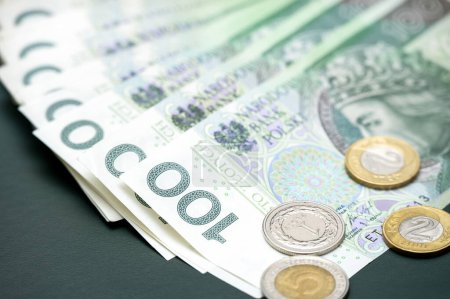 Detaillierte Ansicht polnischer Zloty-Banknoten, fächerförmig angeordnet mit darauf liegenden Münzen, aufgenommen auf einer dunklen Oberfläche. Das Kleingedruckte und die geprägten Details der Währung unterstreichen ihre Authentizität und ihren Wert.