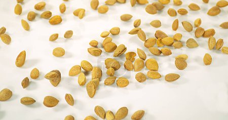 Photo for Sweet Almond, prunus dulcis, Dry Fruits Falling against White Background - Royalty Free Image