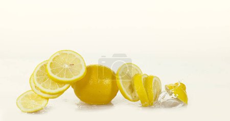Photo for Yellow Lemons, citrus limonum, Fruits Rolling on Water and splashing against White Background - Royalty Free Image