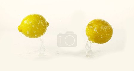 Foto de Limones amarillos, limonum cítrico, frutas que caen al agua y salpicaduras contra fondo blanco - Imagen libre de derechos