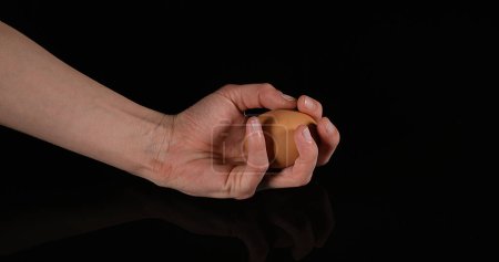 Photo for Hand of woman with a Chicken Egg against Black Background - Royalty Free Image