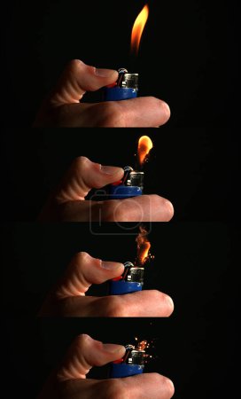 Photo for Lighter in Hand with Flame against Black background. - Royalty Free Image
