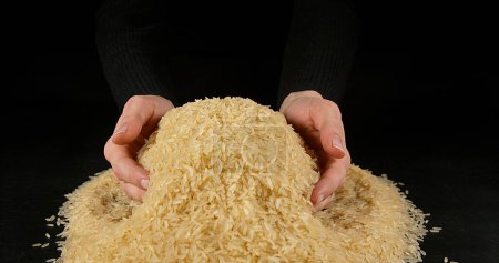 Téléchargez les photos : Main de femme et riz sur fond noir - en image libre de droit