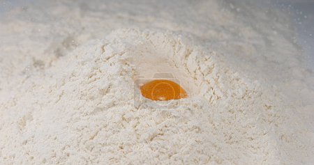 Photo for Egg Falling into Flour against White Background, - Royalty Free Image