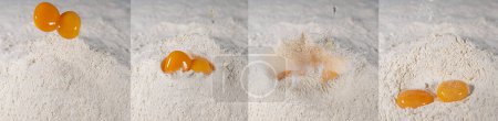 Foto de Huevo cayendo en harina contra fondo blanco - Imagen libre de derechos