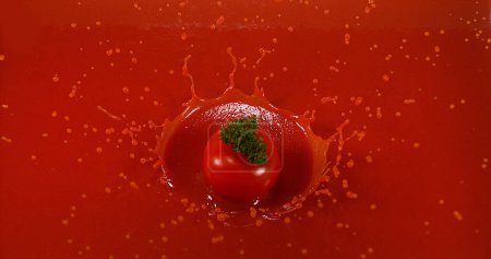 Photo for Cherry Tomatoe, solanum lycopersicum, Fruit falling into tomatoe's Juice - Royalty Free Image
