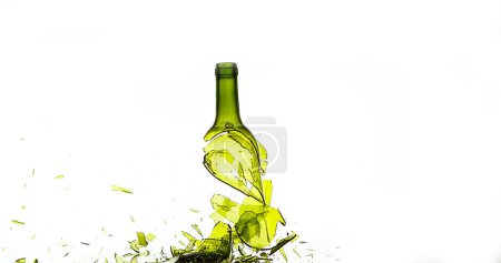 Photo for Bottle of White Wine Breaking and Splashing against White Background - Royalty Free Image