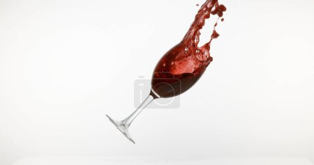 Téléchargez les photos : Verre de vin rouge tombant et éclaboussant sur fond blanc - en image libre de droit