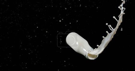 Photo for Bottle of Milk Falling and Exploging against Black Background - Royalty Free Image