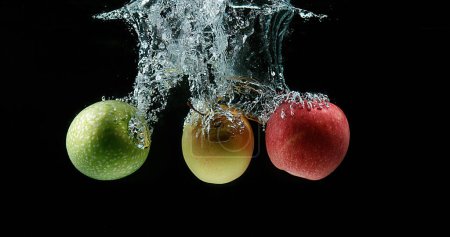Téléchargez les photos : Pommes, malus domestica, fruits entrant dans l'eau sur fond noir - en image libre de droit