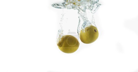 Photo for Yellow Lemons, citrus limonum, Fruits falling into Water against White Background - Royalty Free Image