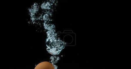 Téléchargez les photos : Œufs de poulet entrant dans l'eau sur fond noir - en image libre de droit