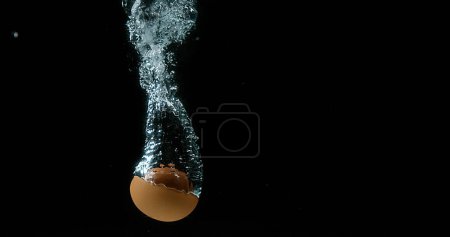 Téléchargez les photos : Œufs de poulet entrant dans l'eau sur fond noir - en image libre de droit