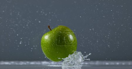 Photo for Granny Smith Apple, malus domestica, Fruit falling on Water against Black Background - Royalty Free Image