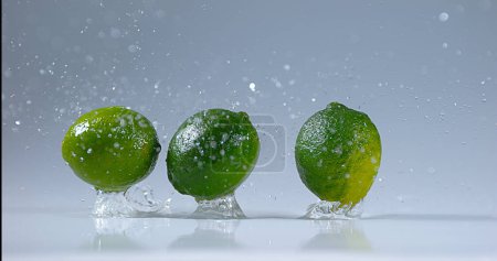 Téléchargez les photos : Citrons verts, agrumes aurantifolia, Fruits tombant sur l'eau - en image libre de droit