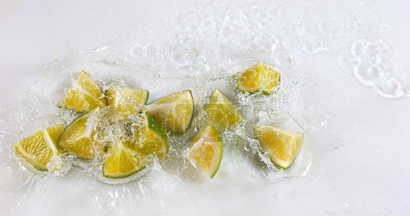 Foto de Limones verdes, cítricos aurantifolia, Frutas que caen sobre el agua contra el fondo blanco - Imagen libre de derechos