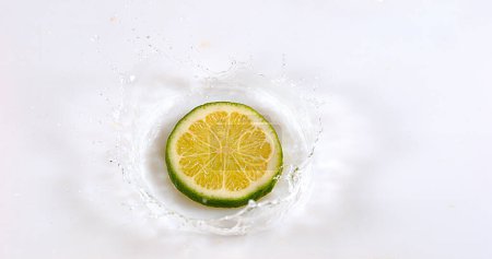 Foto de Limones verdes, cítricos aurantifolia, Frutas que caen sobre el agua contra el fondo blanco - Imagen libre de derechos