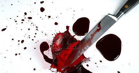 Foto de Cuchillo con sangre contra fondo blanco - Imagen libre de derechos