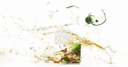 Photo for Bottle of Beer Breaking and Splashing against White Background - Royalty Free Image