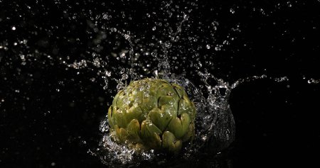 Photo for Artichoke, Cynara scolymus, Vegetables Falling Into Water on Black Background - Royalty Free Image