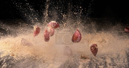 Photo for Garlic, allium savitum, Garlic pawns Falling on Garlic Powder on Black Background - Royalty Free Image