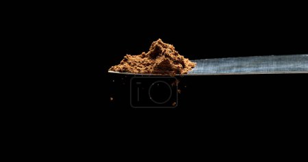 Photo for Nutmeg, myristica fragans, Powder falling from Spoon against Black Background - Royalty Free Image