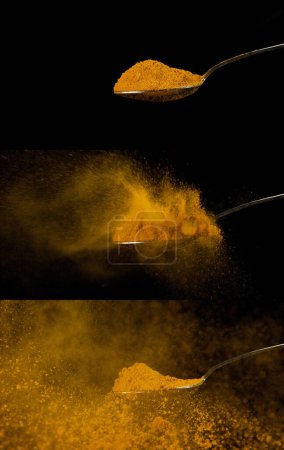 Photo for Spoon and Curry Powder falling from Spoon against Black Background - Royalty Free Image