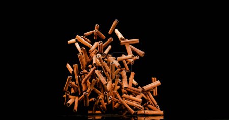 Photo for Cinnamon sticks, cinnamomum zeylanicum, spice falling against Black Background - Royalty Free Image