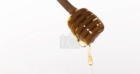 Photo for Honey Flowing from Spoon against White Background - Royalty Free Image