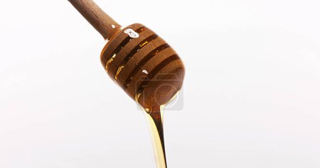 Téléchargez les photos : Miel coulant de cuillère sur fond blanc - en image libre de droit