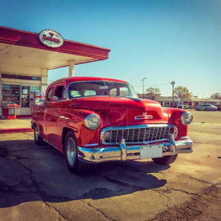 Photo for Close up vintage red car at petrol station - Royalty Free Image