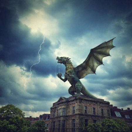 Foto de Dragón monstruo de miedo en el techo del edificio antiguo - Imagen libre de derechos