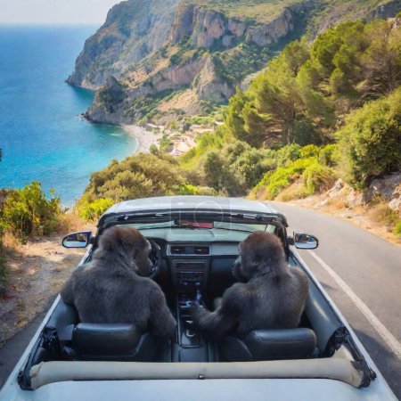 Dos monos montando un coche en las montañas cerca del mar