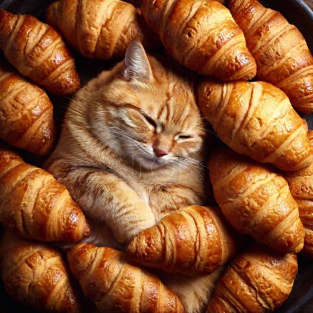 Niedliche Katze zwischen Croissants Draufsicht